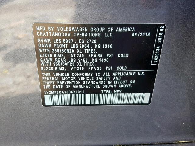 1V2MR2CA7JC579011 - 2018 VOLKSWAGEN ATLAS SEL Boz foto 10