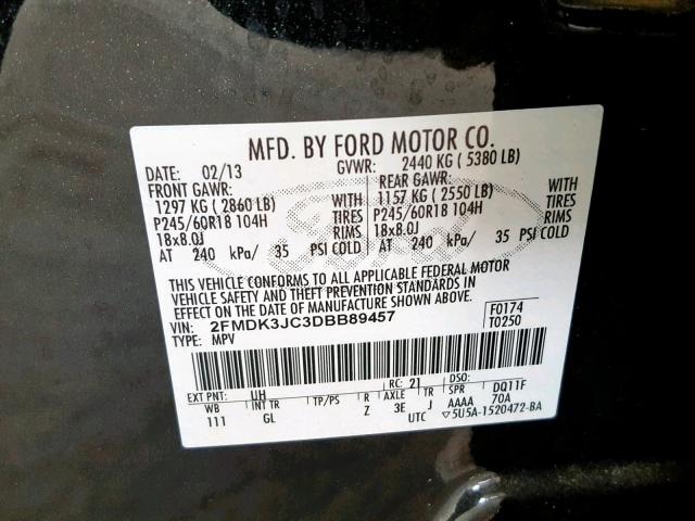 2FMDK3JC3DBB89457 - 2013 FORD EDGE SEL BLACK photo 10