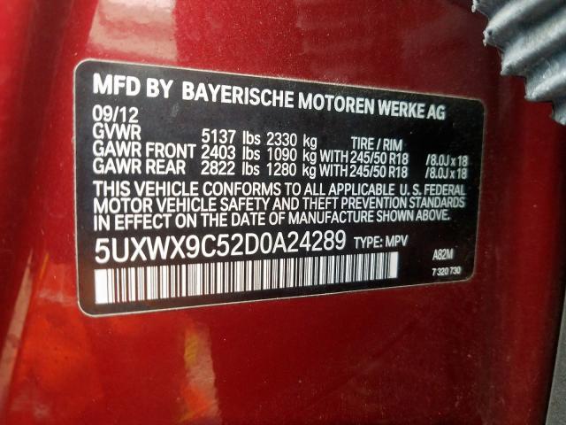5UXWX9C52D0A24289 - 2013 BMW X3 XDRIVE28I  photo 10