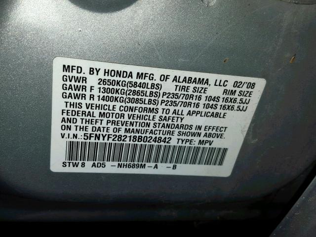 5FNYF28218B024842 - 2008 HONDA PILOT VP SILVER photo 10