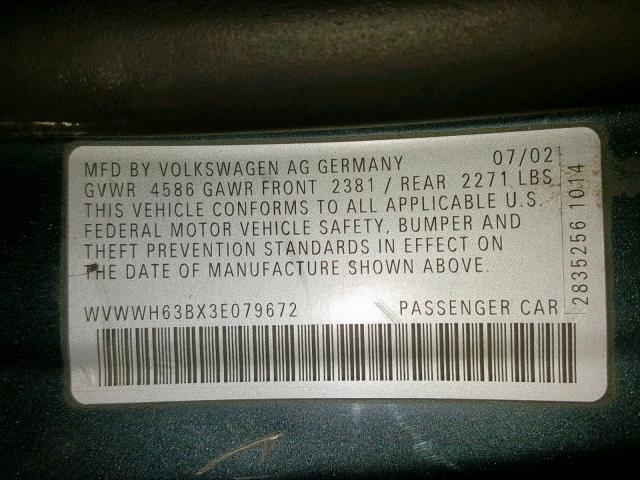 WVWWH63BX3E079672 - 2003 VOLKSWAGEN PASSAT GLX 蓝色 照片 10