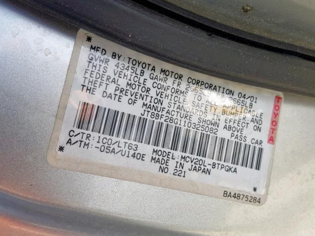 JT8BF28G110325082 - 2001 LEXUS ES 300 SILVER photo 10