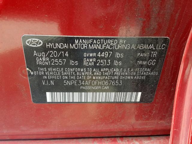 5NPE34AF0FH067653 - 2015 HYUNDAI SONATA SPO RED photo 10