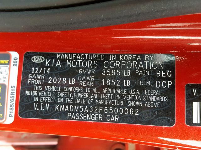 KNADM5A32F6500062 - 2015 KIA RIO LX RED photo 10