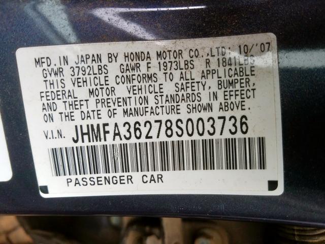 JHMFA36278S003736 - 2008 HONDA CIVIC HYBRID  photo 10