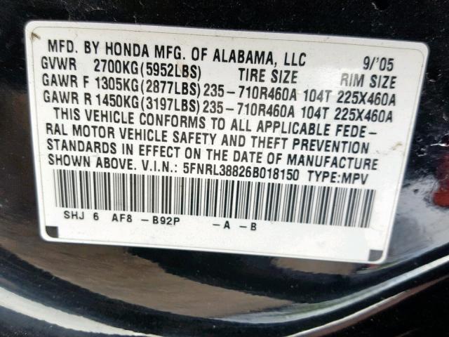 5FNRL38826B018150 - 2006 HONDA ODYSSEY TO BLACK photo 10