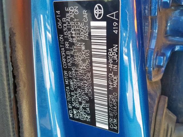 JTDKDTB34E1075193 - 2014 TOYOTA PRIUS C BLUE photo 10