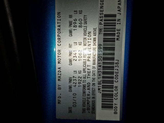 JM1BL1H31A1301599 - 2010 MAZDA SPEED 3 BLUE photo 10