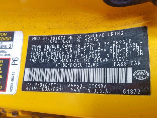 4T1BD1FKXEU112263 - 2014 TOYOTA CAMRY HYBR YELLOW photo 10