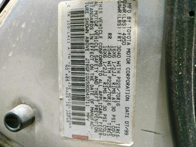 JT6GF10U5X0043711 - 1999 LEXUS RX 300 SILVER photo 10