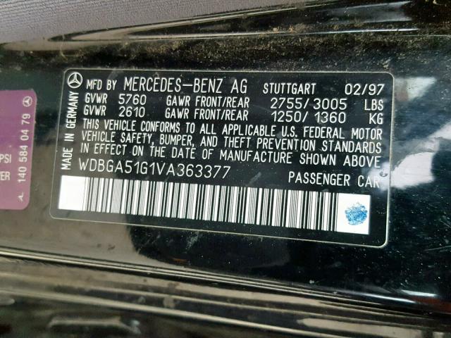 WDBGA51G1VA363377 - 1997 MERCEDES-BENZ S 500 BLACK photo 10