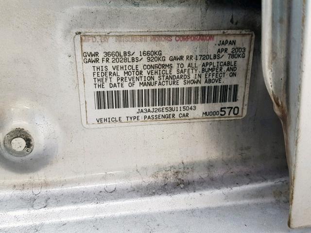 JA3AJ26E53U115043 - 2003 MITSUBISHI LANCER ES SILVER photo 10