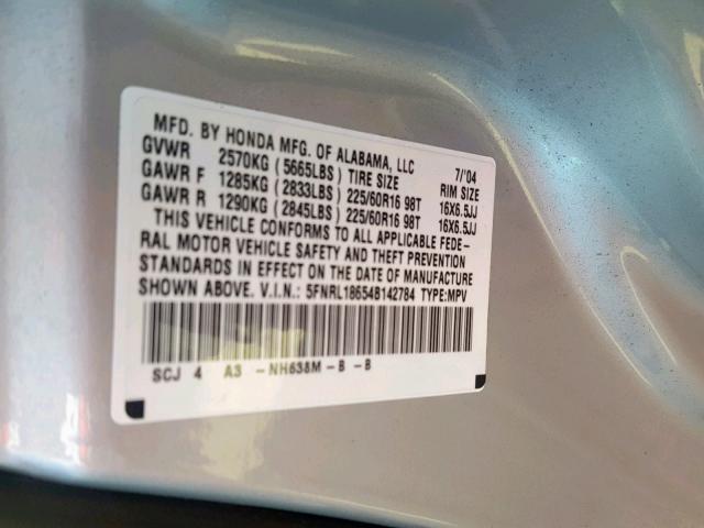 5FNRL18654B142784 - 2004 HONDA ODYSSEY EX SILVER photo 10