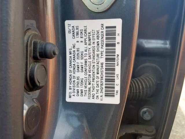 2HGFB2F9XCH573446 - 2012 HONDA CIVIC EXL GRAY photo 10