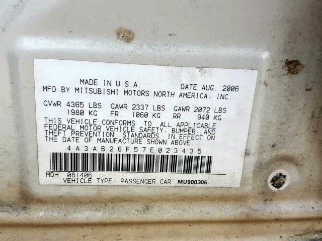 4A3AB26F57E023435 - 2007 MITSUBISHI GALANT DE WHITE photo 10