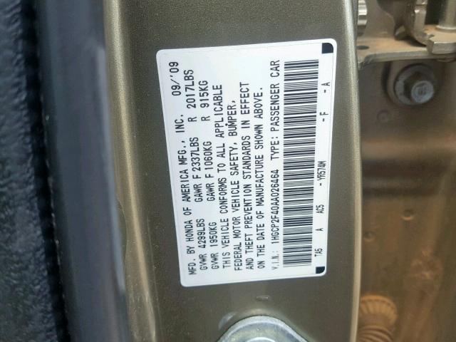 1HGCP2F40AA026464 - 2010 HONDA ACCORD LXP GOLD photo 10