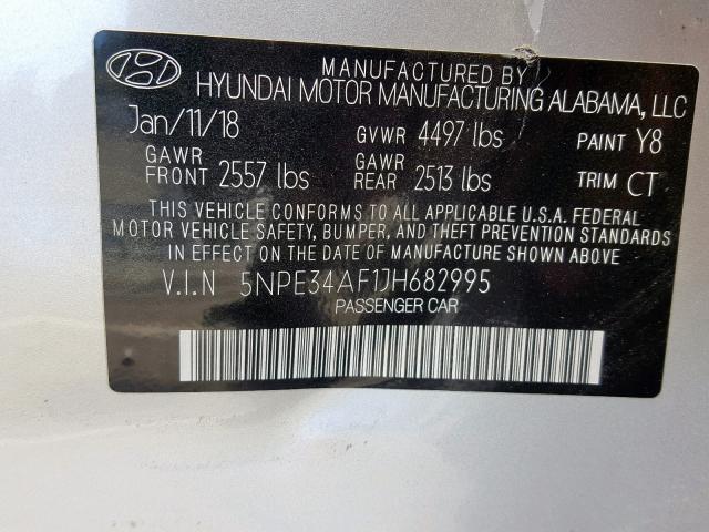 5NPE34AF1JH682995 - 2018 HYUNDAI SONATA SPO SILVER photo 10