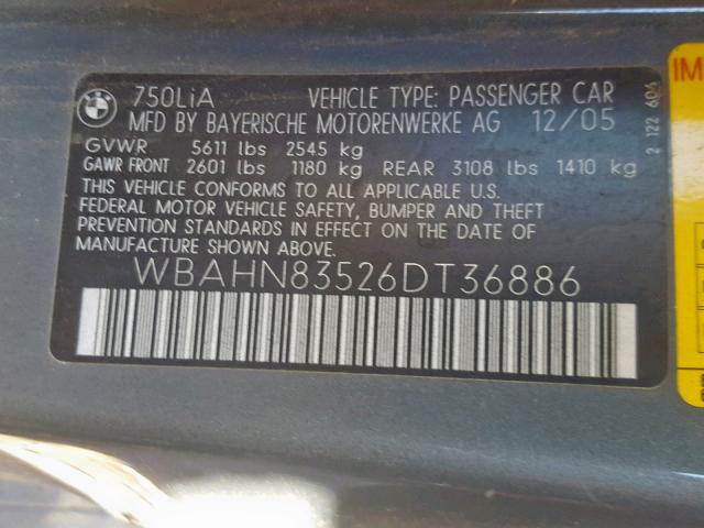 WBAHN83526DT36886 - 2006 BMW 750 LI GRAY photo 10