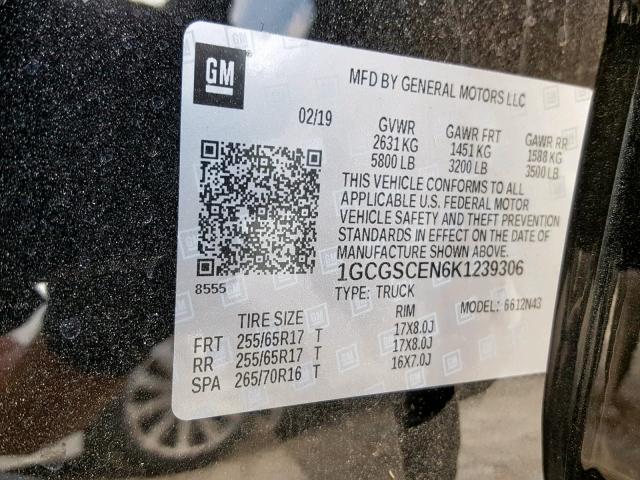 1GCGSCEN6K1239306 - 2019 CHEVROLET COLORADO L BLACK photo 10