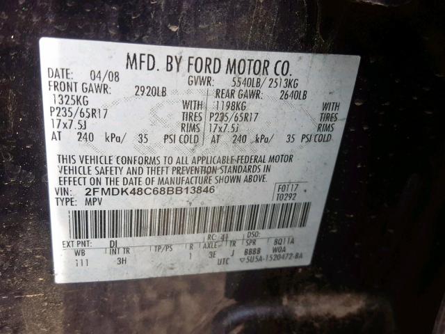 2FMDK48C68BB13846 - 2008 FORD EDGE SEL BLACK photo 10