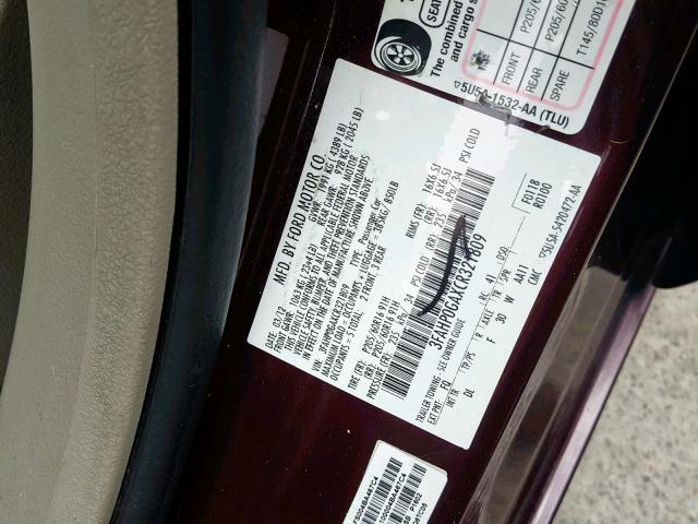 3FAHP0GAXCR321809 - 2012 FORD FUSION S MAROON photo 10