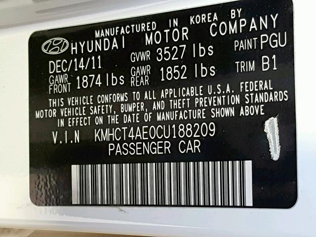 KMHCT4AE0CU188209 - 2012 HYUNDAI ACCENT GLS WHITE photo 10