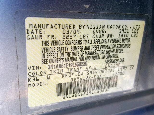 3N1AB61E19L650230 - 2009 NISSAN SENTRA 2.0 GRAY photo 10