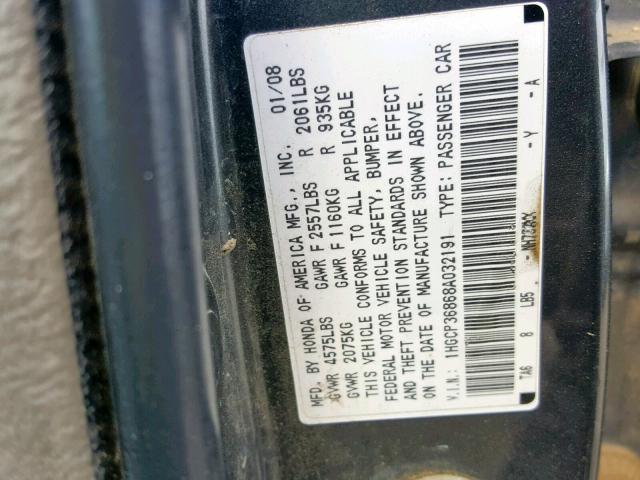 1HGCP36868A032191 - 2008 HONDA ACCORD EXL SILVER photo 10