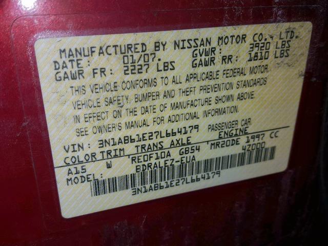 3N1AB61E27L664179 - 2007 NISSAN SENTRA 2.0 BURGUNDY photo 10