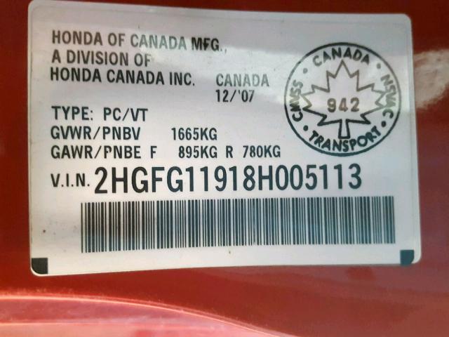 2HGFG11918H005113 - 2008 HONDA CIVIC EXL 红色 照片 10