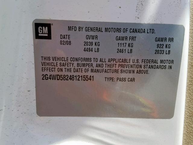 2G4WD582481215541 - 2008 BUICK LACROSSE C WHITE photo 10