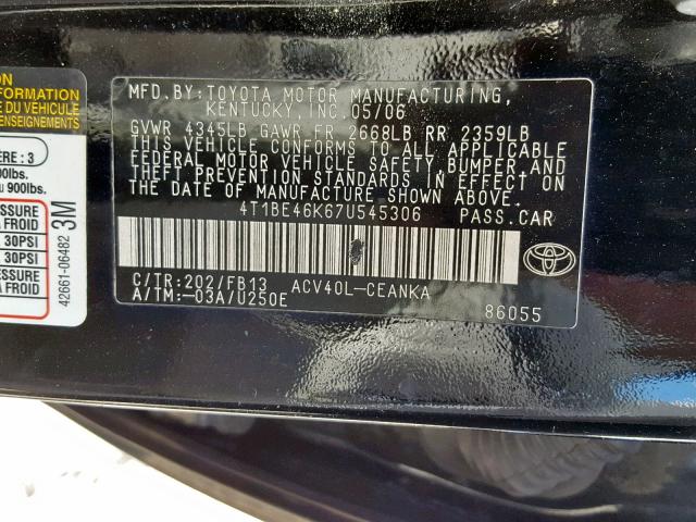 4T1BE46K67U545306 - 2007 TOYOTA CAMRY NEW BLACK photo 10