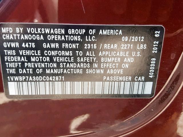 1VWBP7A30DC042871 - 2013 VOLKSWAGEN PASSAT SE MAROON photo 10