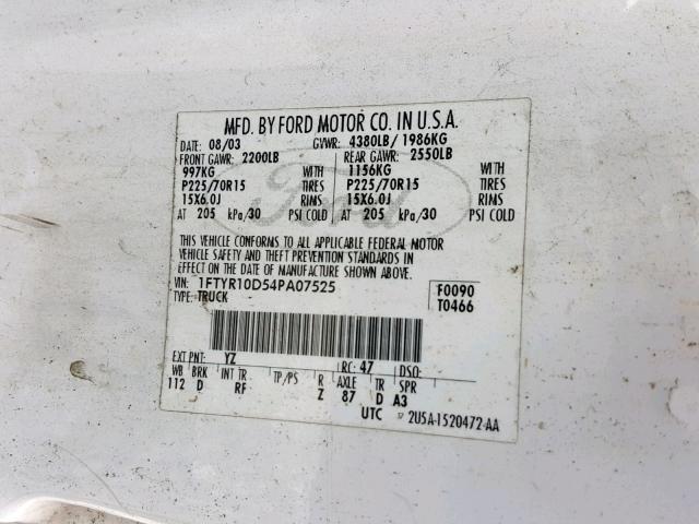 1FTYR10D54PA07525 - 2004 FORD RANGER WHITE photo 10