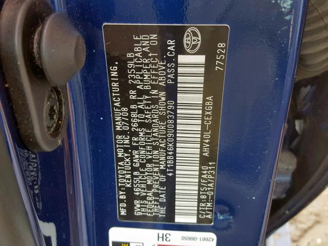 4T1BB46K09U083790 - 2009 TOYOTA CAMRY HYBR BLUE photo 10