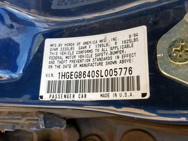 1HGEG8640SL005776 - 1995 HONDA CIVIC DX BLUE photo 10