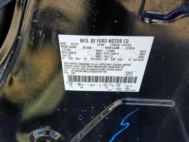 2FMDK38C27BA78716 - 2007 FORD EDGE SEL BLACK photo 10