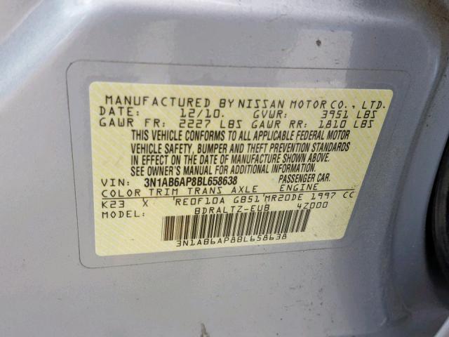 3N1AB6AP8BL658638 - 2011 NISSAN SENTRA 2.0 GRAY photo 10