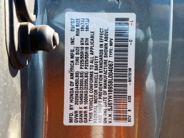 5J6YH18958L004067 - 2008 HONDA ELEMENT SC GRAY photo 10