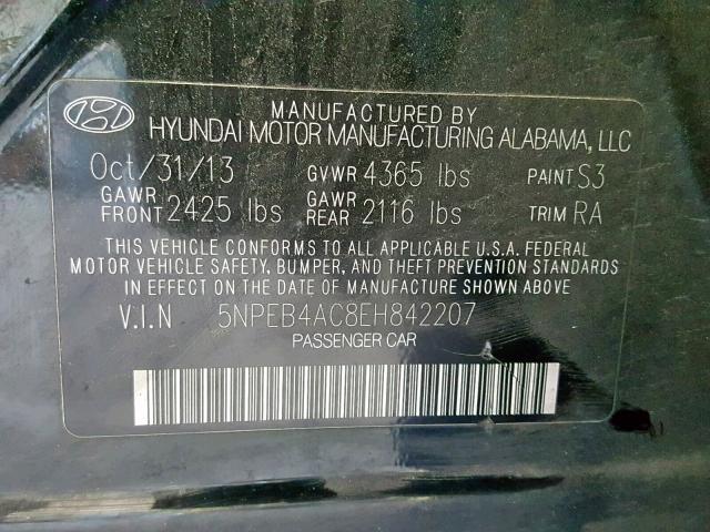 5NPEB4AC8EH842207 - 2014 HYUNDAI SONATA GLS BLACK photo 10