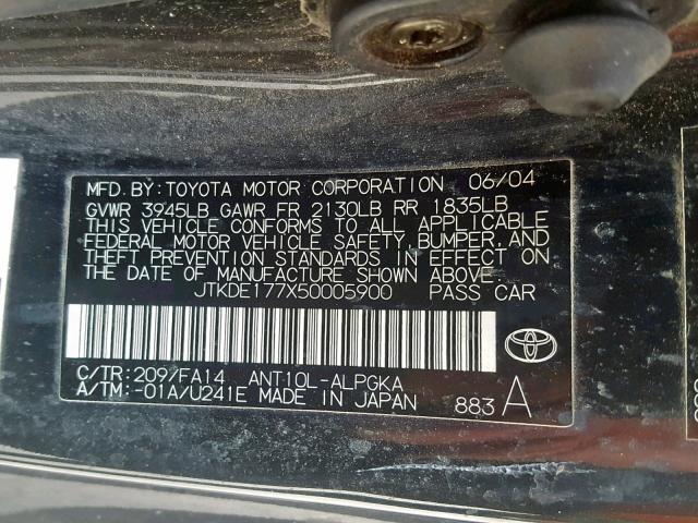 JTKDE177X50005900 - 2005 TOYOTA SCION TC შავი ფოტო 10