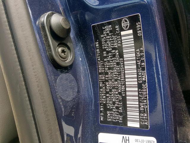 4T1BK1EB8HU254459 - 2017 TOYOTA AVALON XLE BLUE photo 10