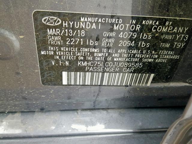 KMHC75LC0JU089585 - 2018 HYUNDAI IONIQ SEL GRAY photo 10