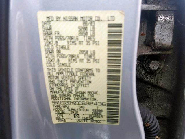 5N1ED28Y03C692436 - 2003 NISSAN XTERRA XE GRAY photo 10