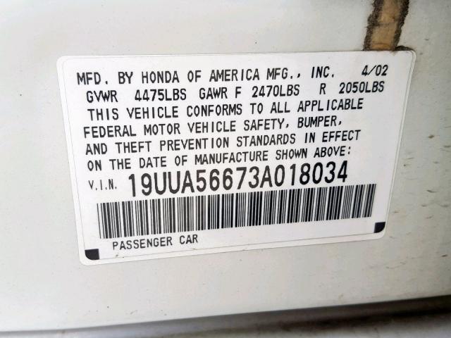 19UUA56673A018034 - 2003 ACURA 3.2TL WHITE photo 10