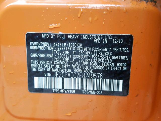 JF2GPACC2E8249576 - 2014 SUBARU XV CROSSTR ORANGE photo 10