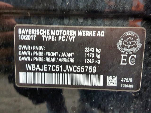 WBAJE7C51JWC55759 - 2018 BMW 540 XI BLACK photo 10