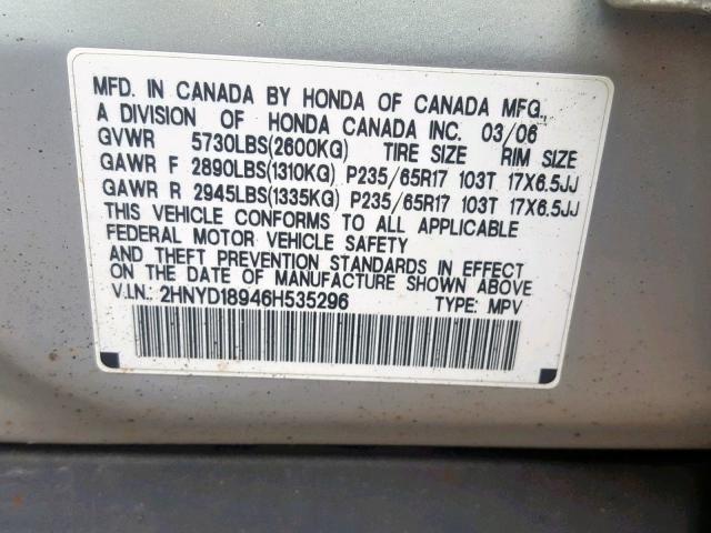 2HNYD18946H535296 - 2006 ACURA MDX TOURIN SILVER photo 10