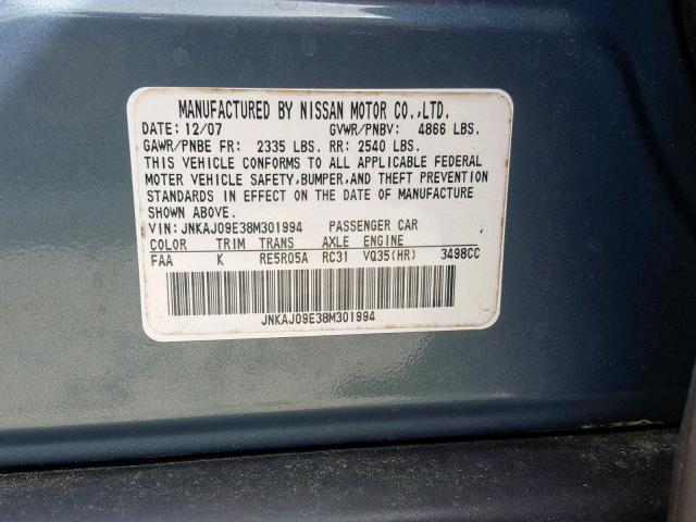 JNKAJ09E38M301994 - 2008 INFINITI EX35 BASE Mavi foto 10