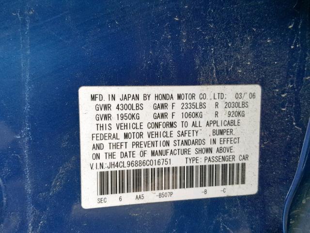 JH4CL96886C016751 - 2006 ACURA TSX BLUE photo 10
